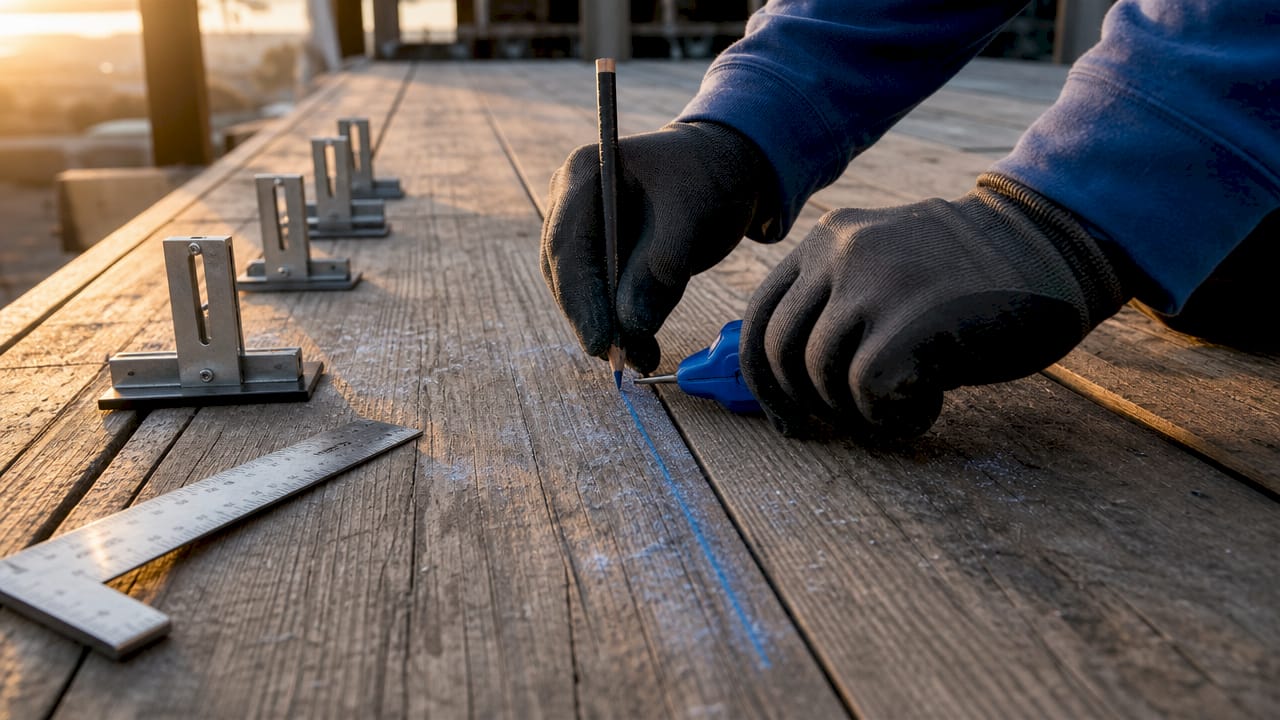 Close-up hands marking reference line on concrete