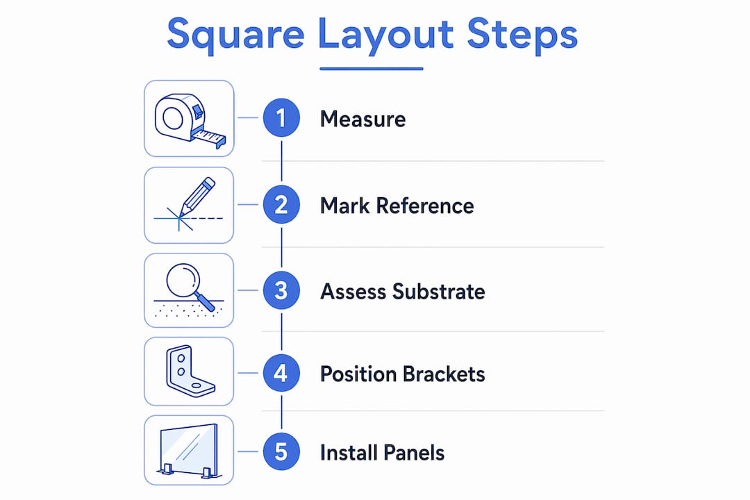 Infographic illustrating glass railing square layout steps