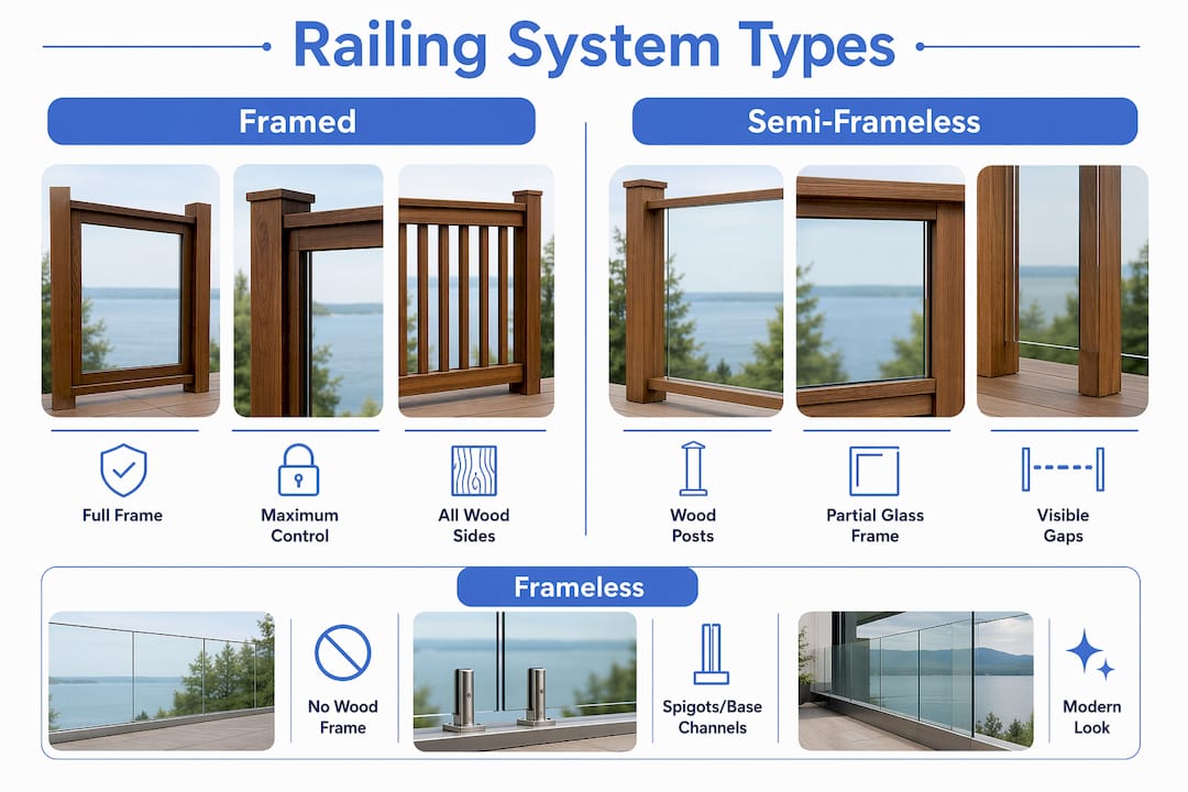 Infographic comparing framed and frameless railing types