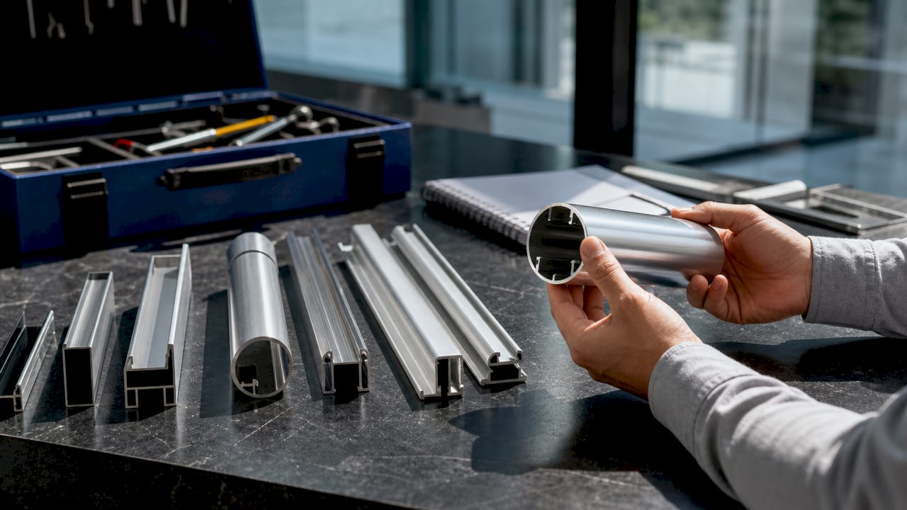 Close-up of hands holding aluminum handrail profiles