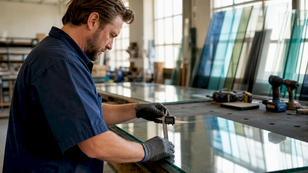 Hands measuring thickness of tempered glass panel