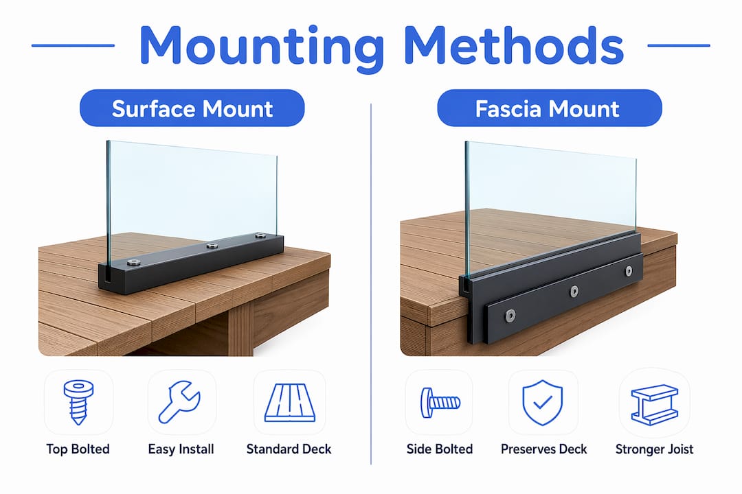 Comparison infographic of glass railing mounting methods