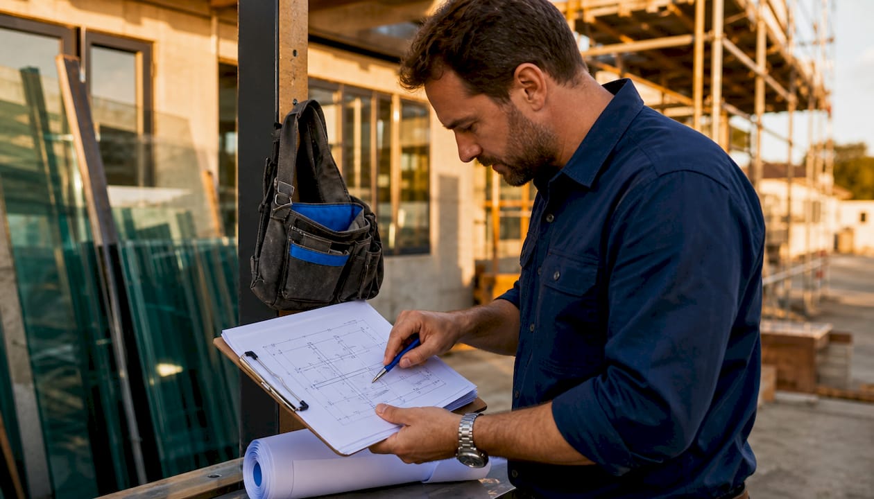 Engineer reviewing glass railing load drawings