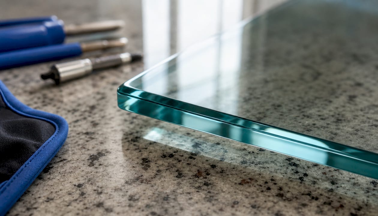 Close-up of seamed glass edge texture