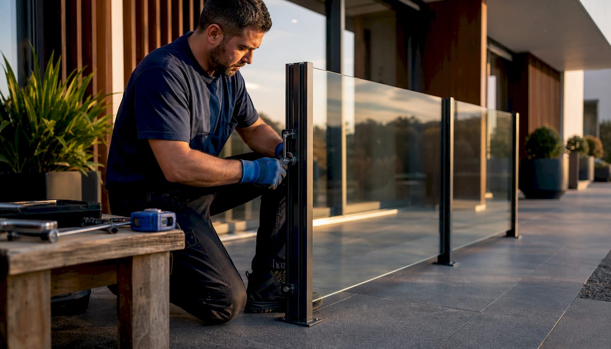 Hands installing glass panels on aluminum railing