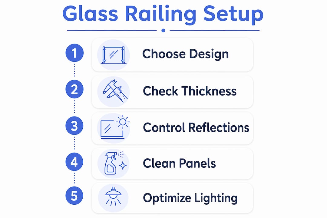 Infographic illustrating glass railing staging steps
