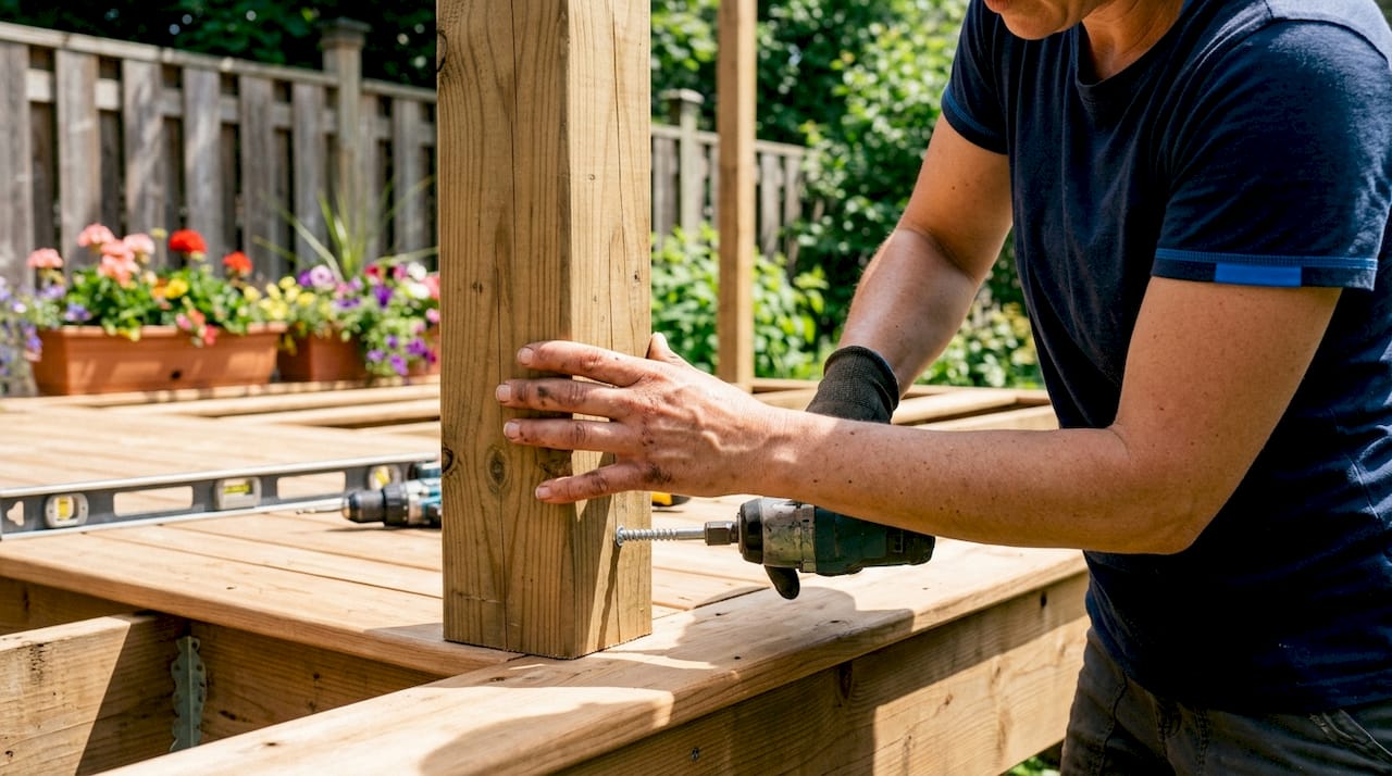 Hands securing deck railing post with screws