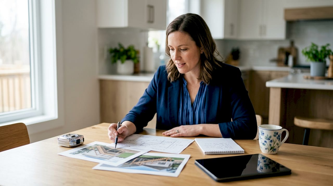 Estimator reviewing annotated photos for quote