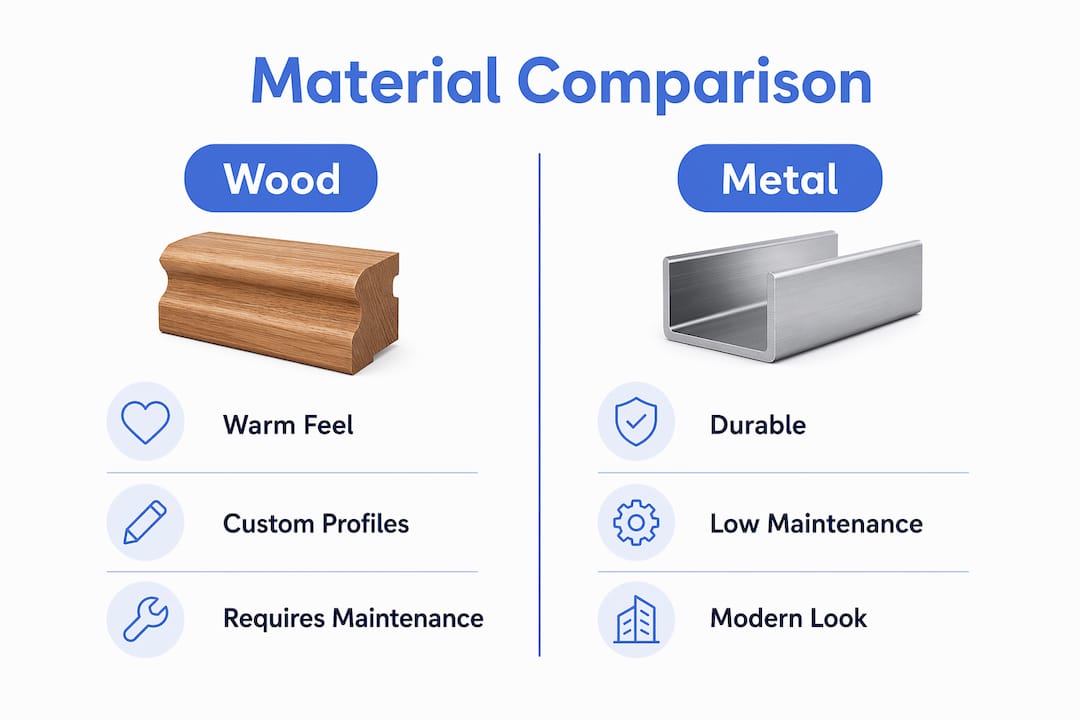 Infographic comparing wood and metal handrail materials