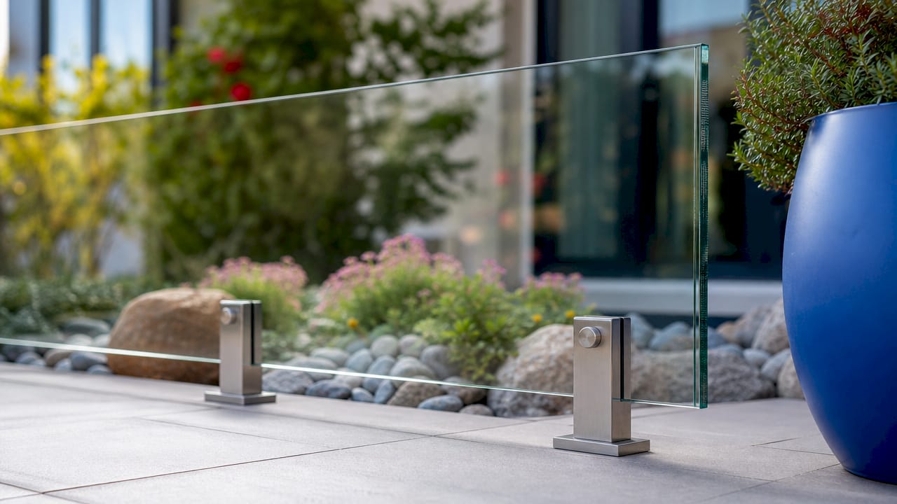 Tempered glass railing panel with stainless clamps