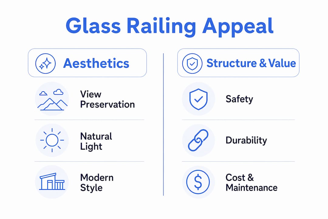 Infographic comparing aesthetics and structure appeal of glass railings