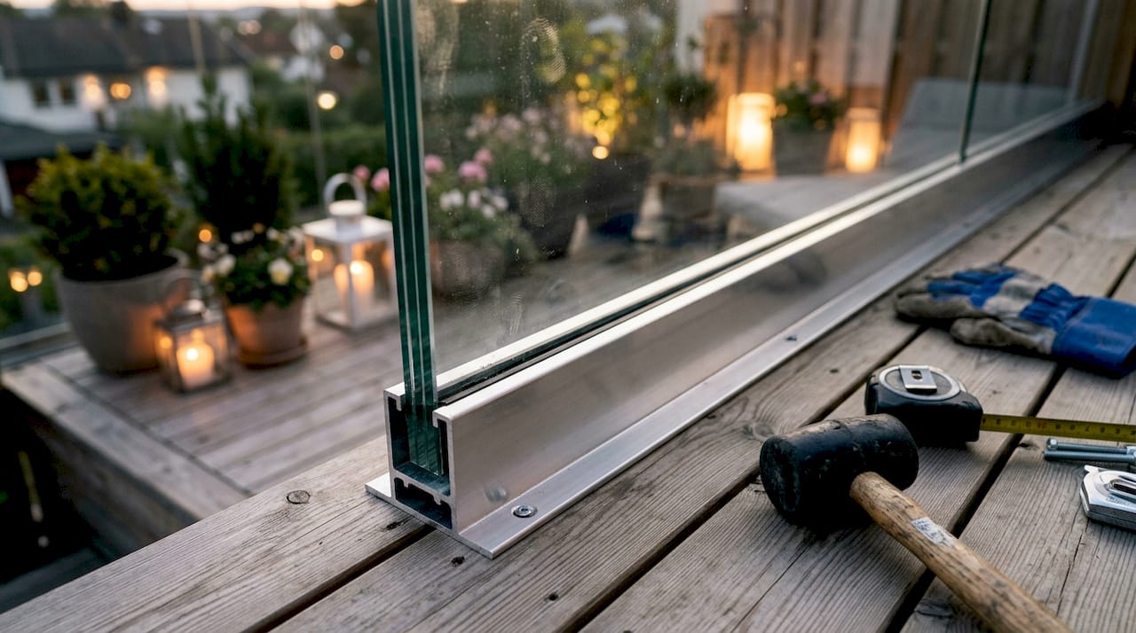 Close-up of base shoe channel holding glass panel outdoors