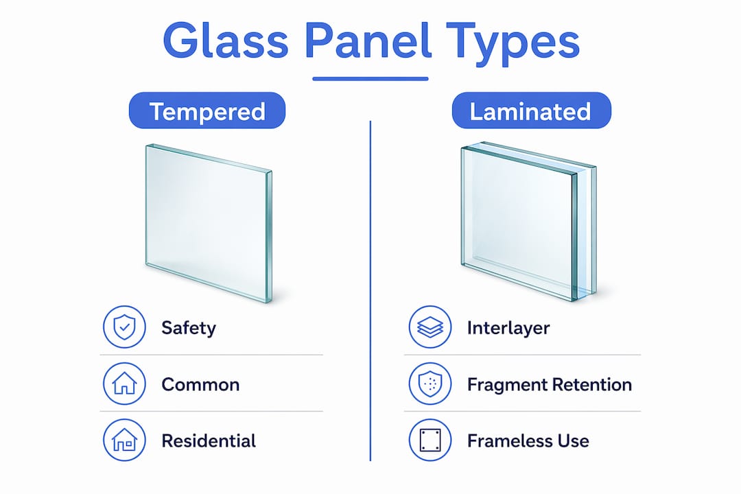 Infographic comparing tempered and laminated glass panels