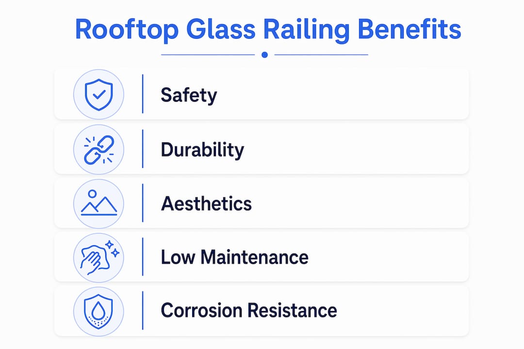 Infographic detailing benefits of glass railings for rooftop parking