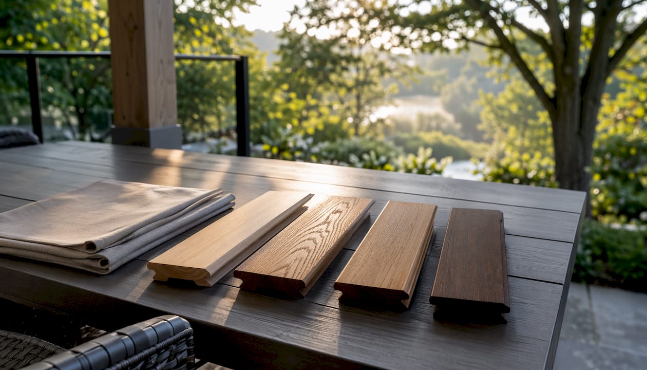 Assorted hardwood railing samples on table