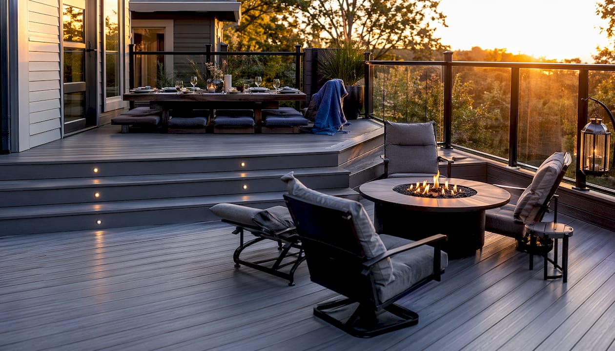 Multi-level deck showing separate dining and lounge areas