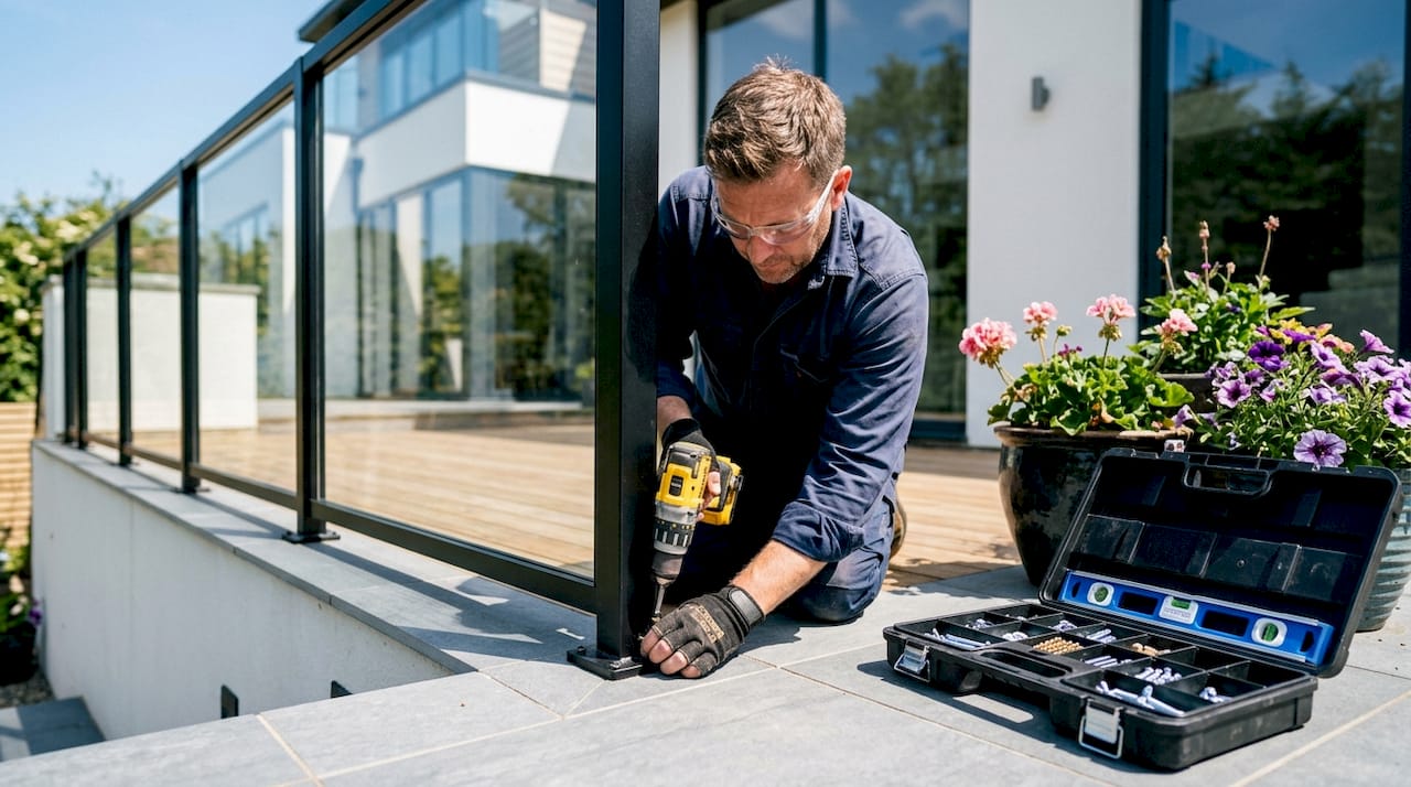 Installer securing aluminum railing on deck