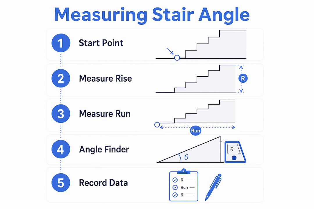 Infographic illustrating stair rake angle measurement steps