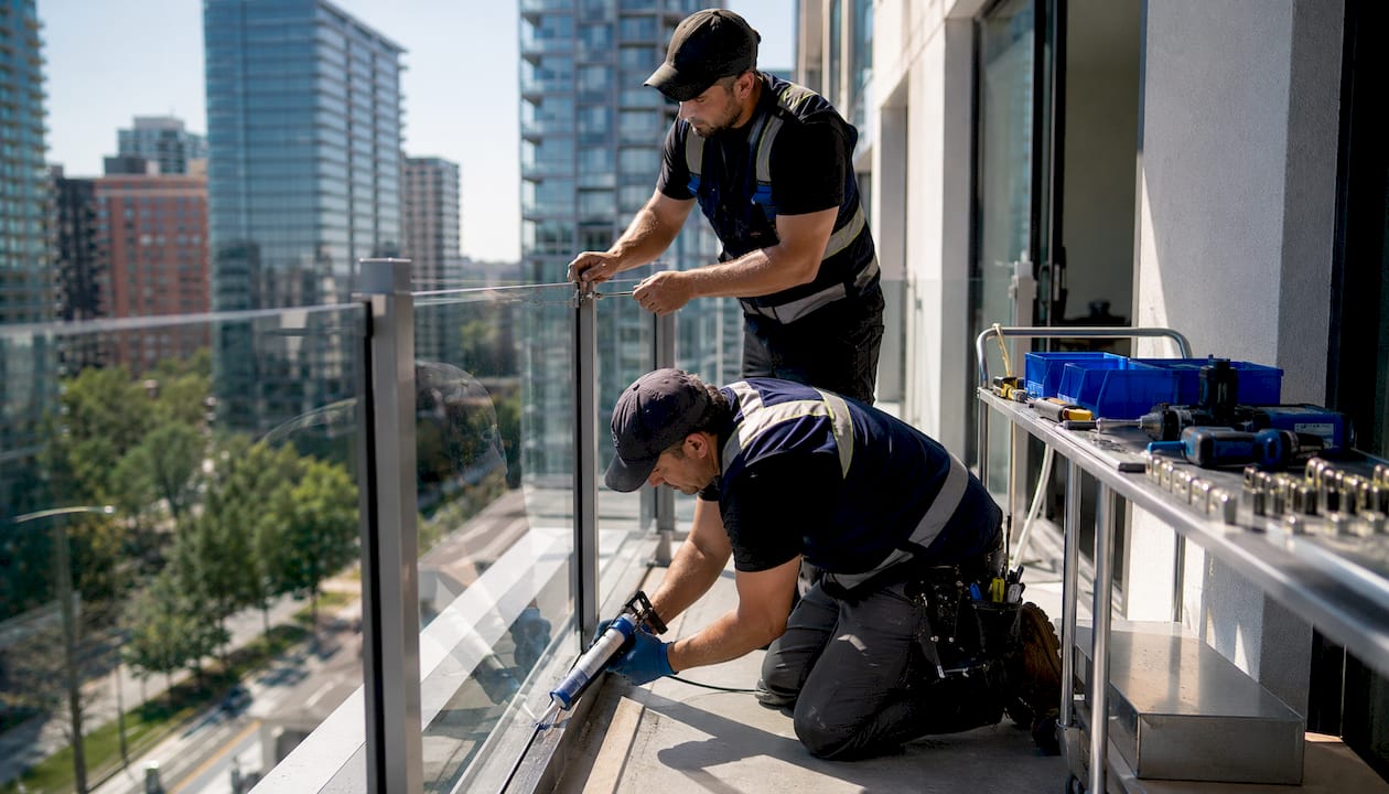 Workers installing soundproof glass railing