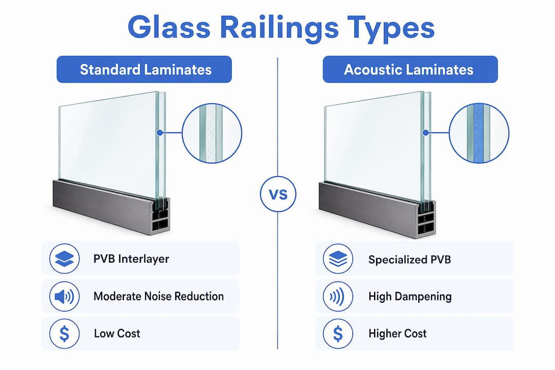 Infographic comparing standard vs acoustic laminated glass railings