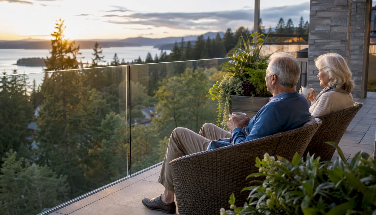Couple relaxing on luxury balcony with glass railing