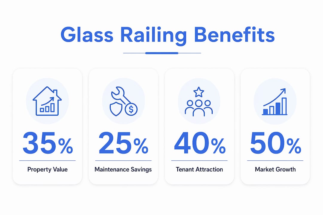 Infographic showing key benefits and stats of glass railings