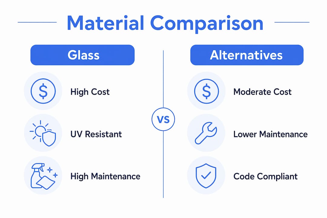 Infographic comparing glass and alternative railing materials