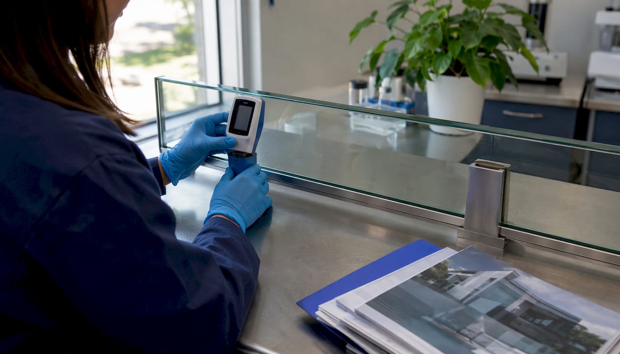 Technician testing VOC emissions from glass railings