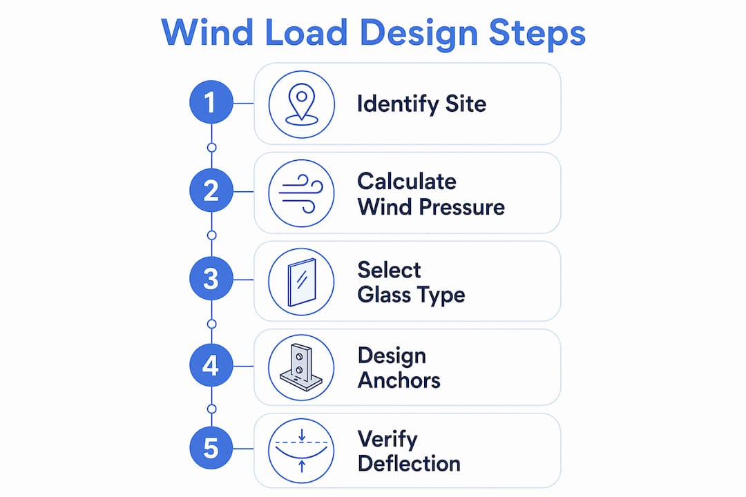 Infographic outlining key steps for glass railing wind load design