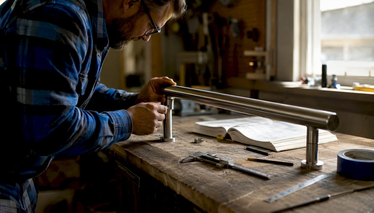 Craftsman inspecting handrail with building code