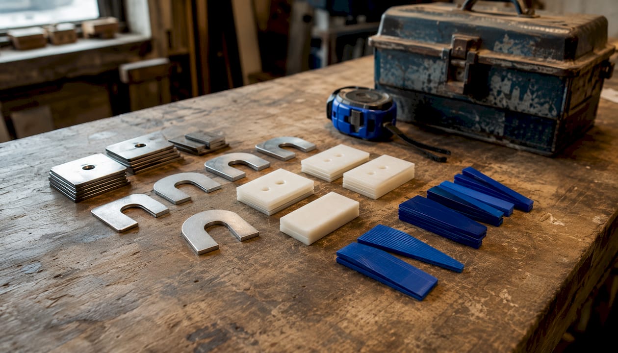 Close-up of varied glass railing shims