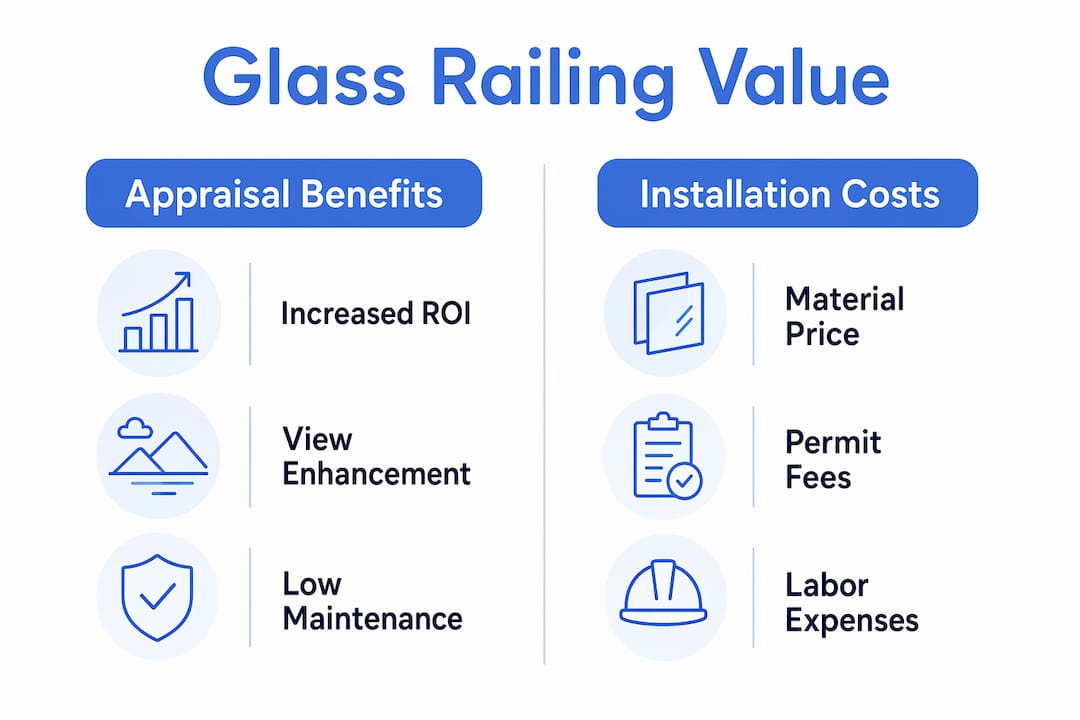 Infographic comparing glass railing appraisal benefits and installation costs