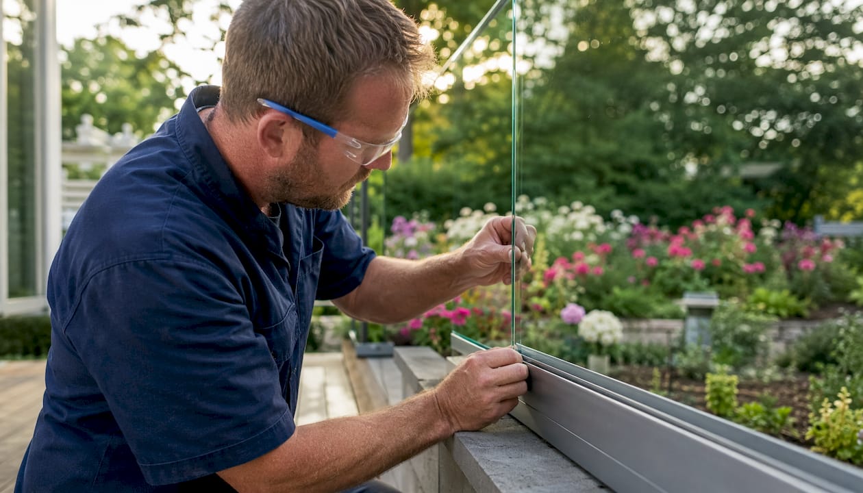 Craftsman fitting glass into railing channel shoe