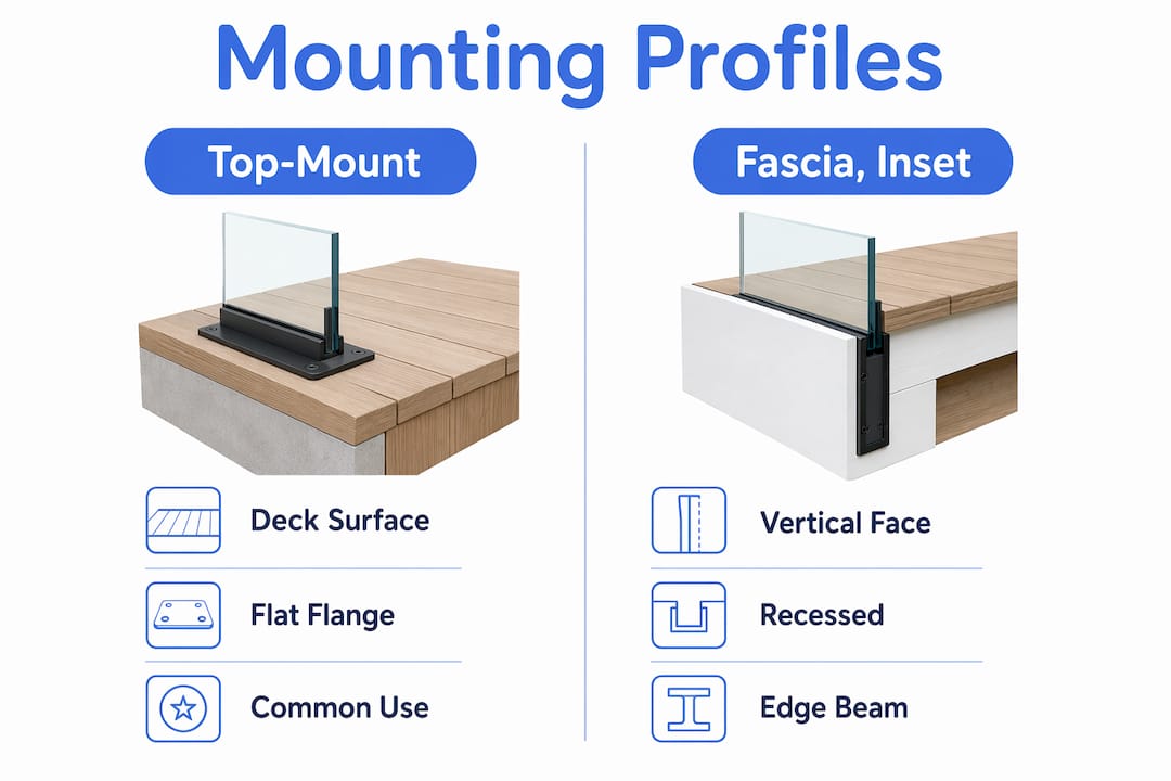 Infographic comparing glass railing mounting profiles