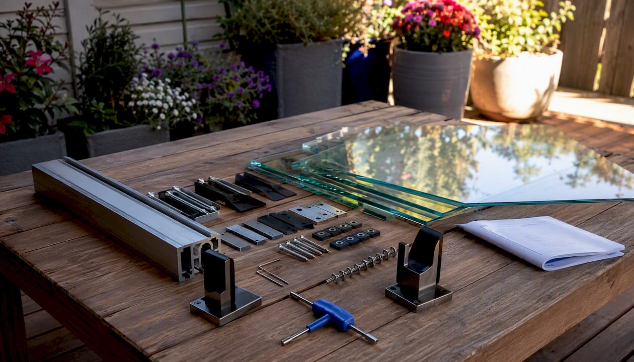 Close-up of glass railing kit components