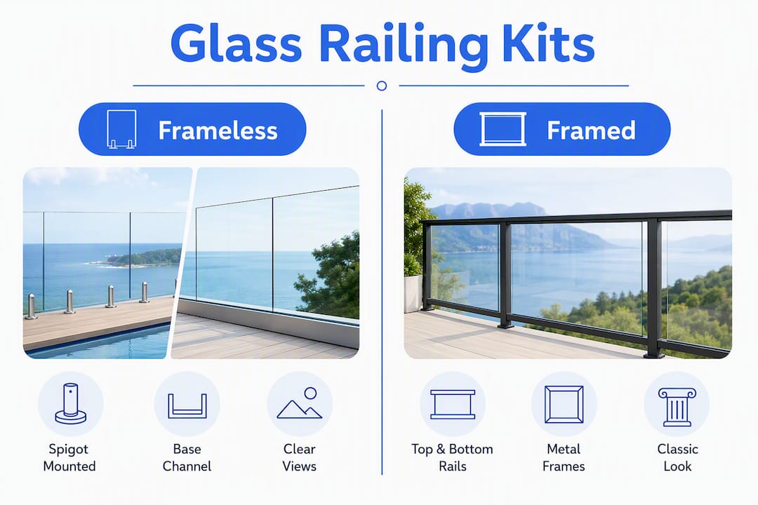 Infographic comparing frameless and framed glass railing kits
