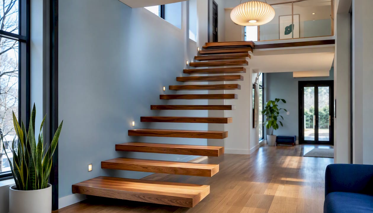 Floating straight staircase close-up detail