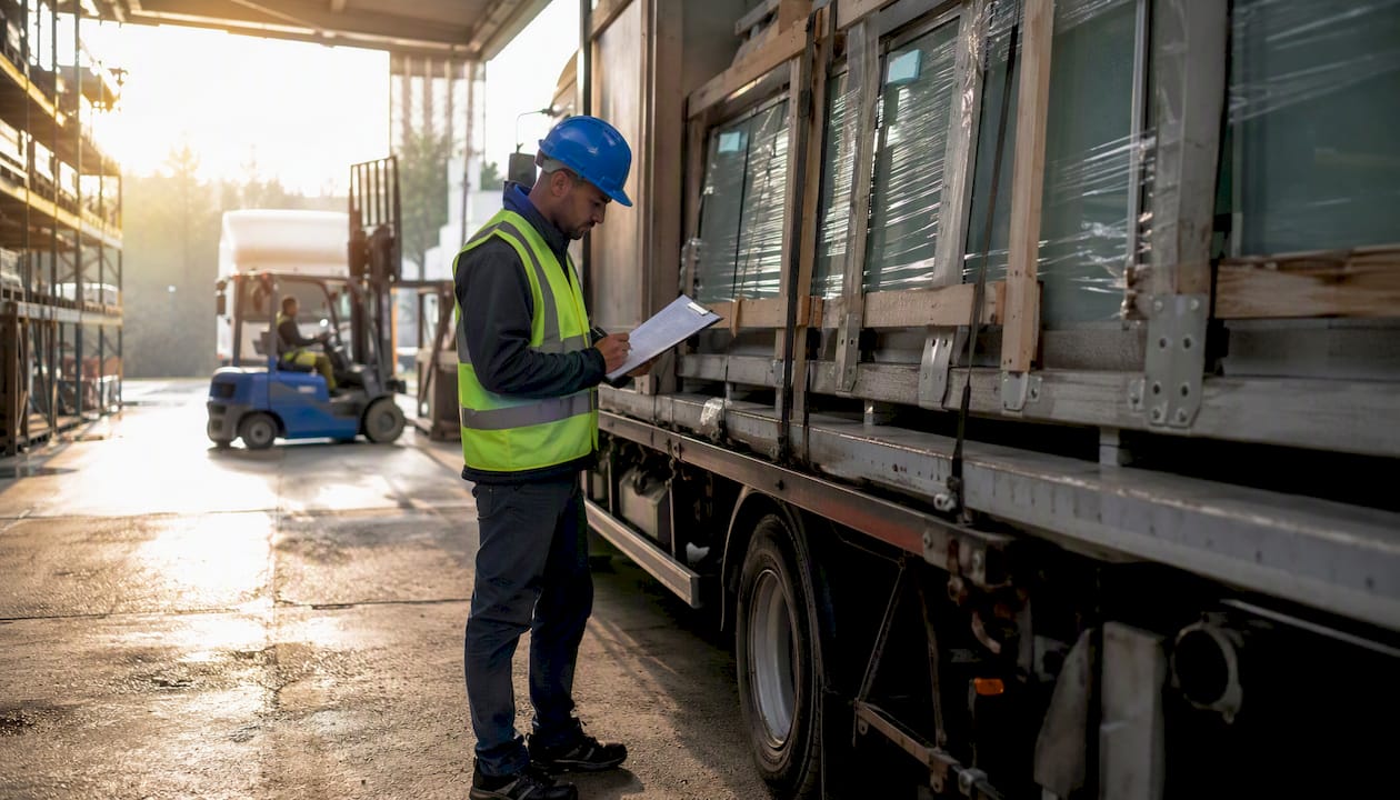 Worker checking crated glass shipment beside truck