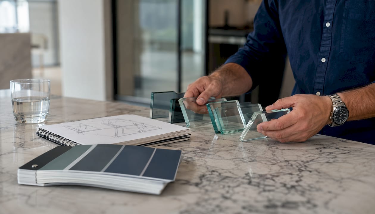 Hands holding glass samples labeled by type
