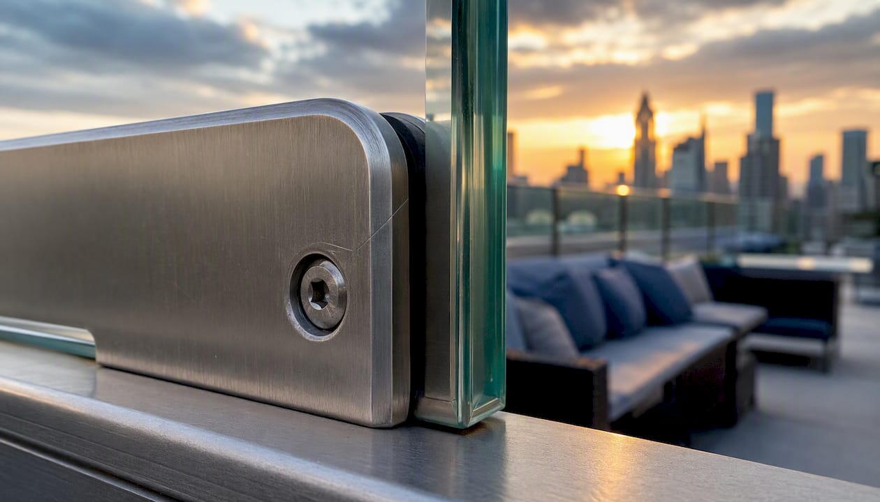 Stainless steel clamp on glass railing edge