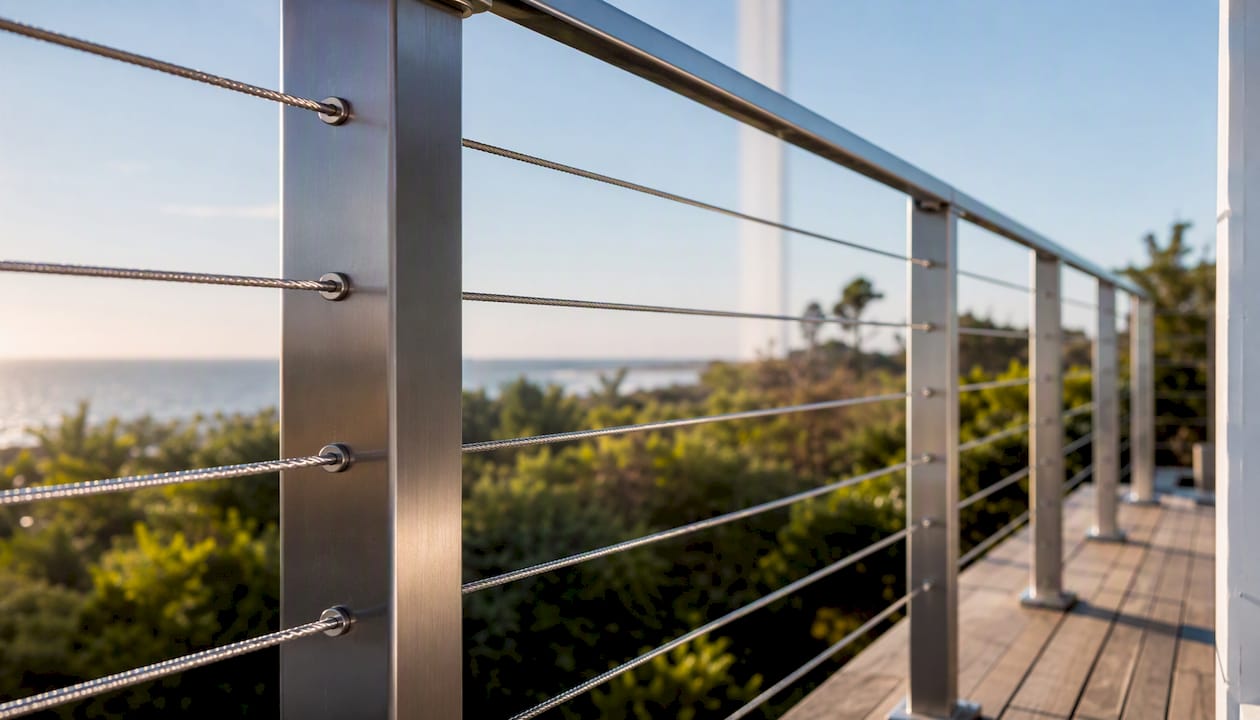 Stainless steel cable railing on coastal deck