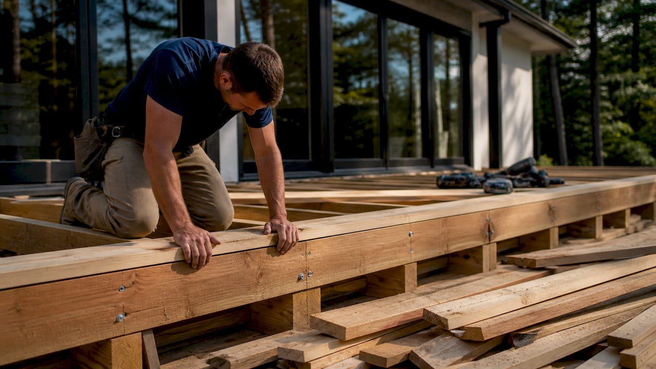 Hand testing rim joist firmness on deck framing