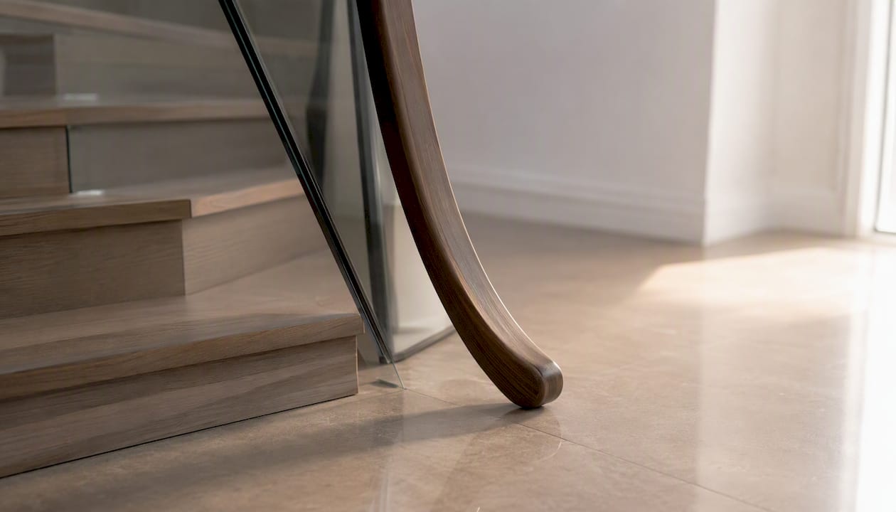 Handrail return curving to floor landing
