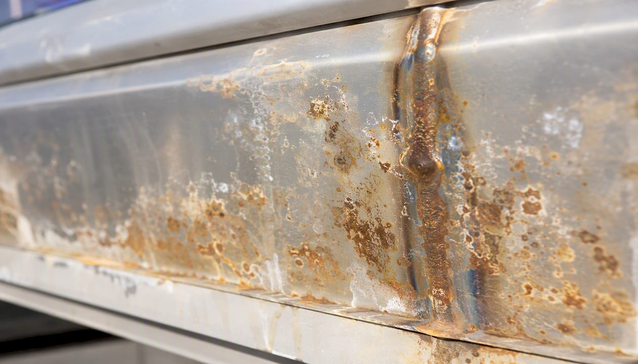 Discolored stainless steel surface with corrosion