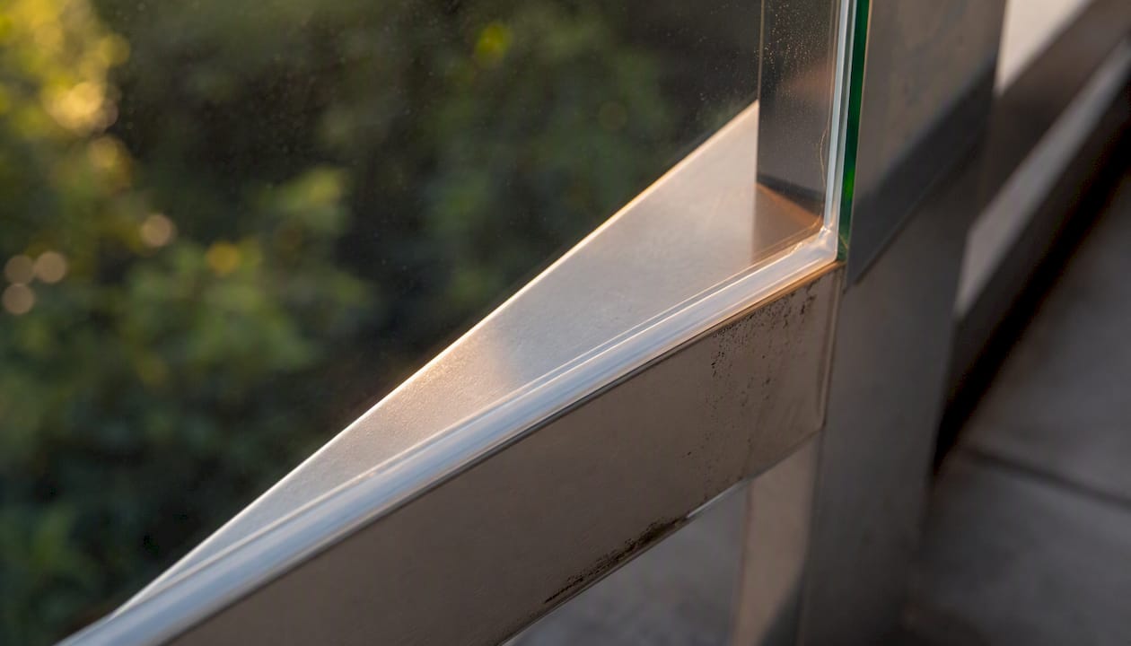 Cured silicone seal on glass railing joint