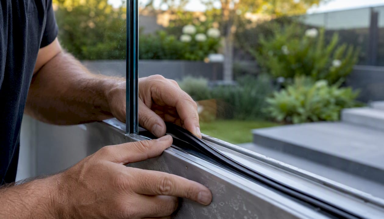 Hands fitting gasket into glass frame channel