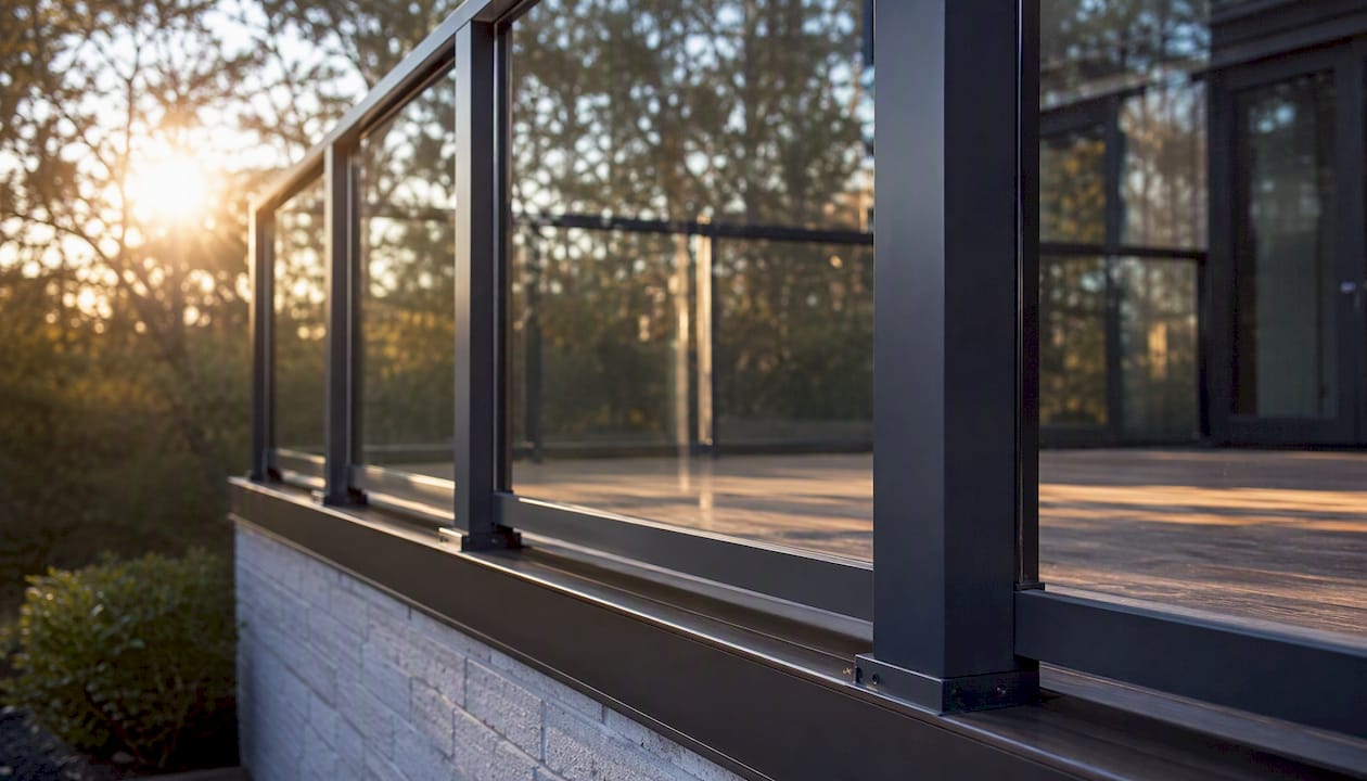 Framed aluminum glass railing on residential deck