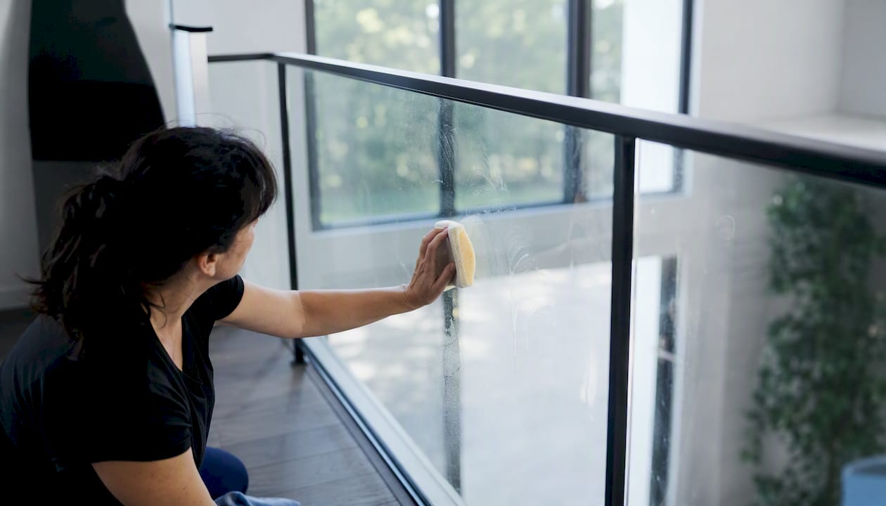 Microfiber cloth wiping smudged indoor glass railing