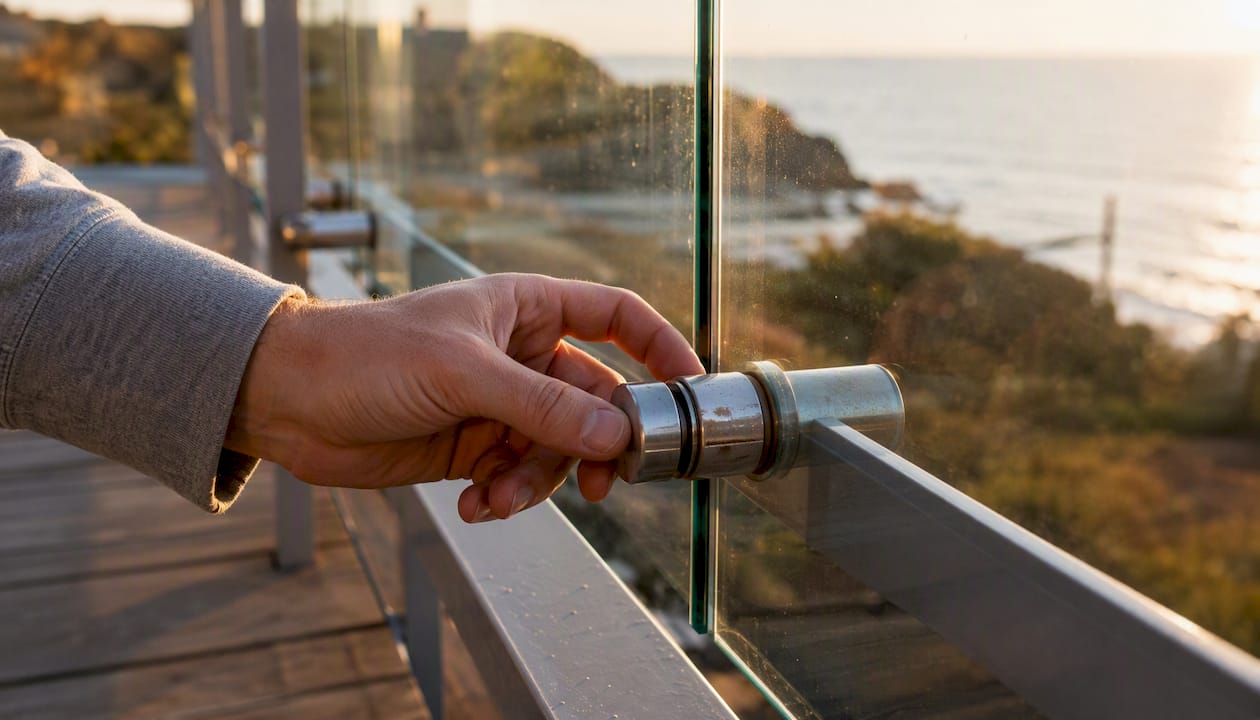 Hand inspecting glass railing stainless steel hardware outdoors