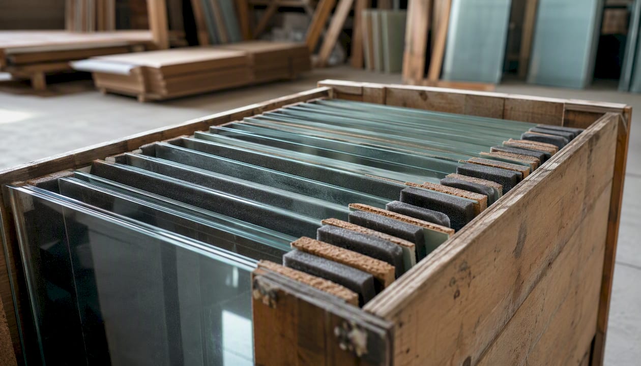 Glass panels packed with cork and foam separators